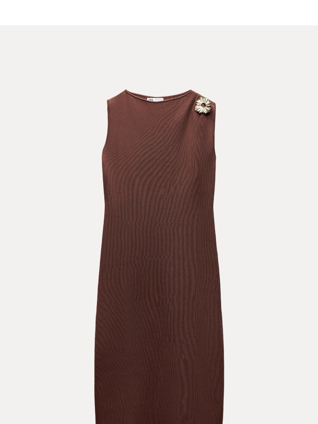 Zara Sleeveless Brown Midi Knit Dress With Floral Brooch